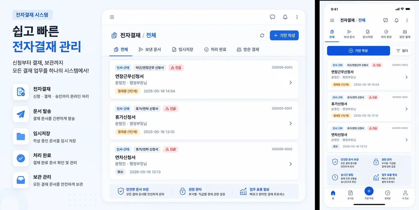 링크닥 전자결재 화면. PC와 모바일에서 연장근무신청서와 휴가신청서가 결재 단계와 함께 표시된다